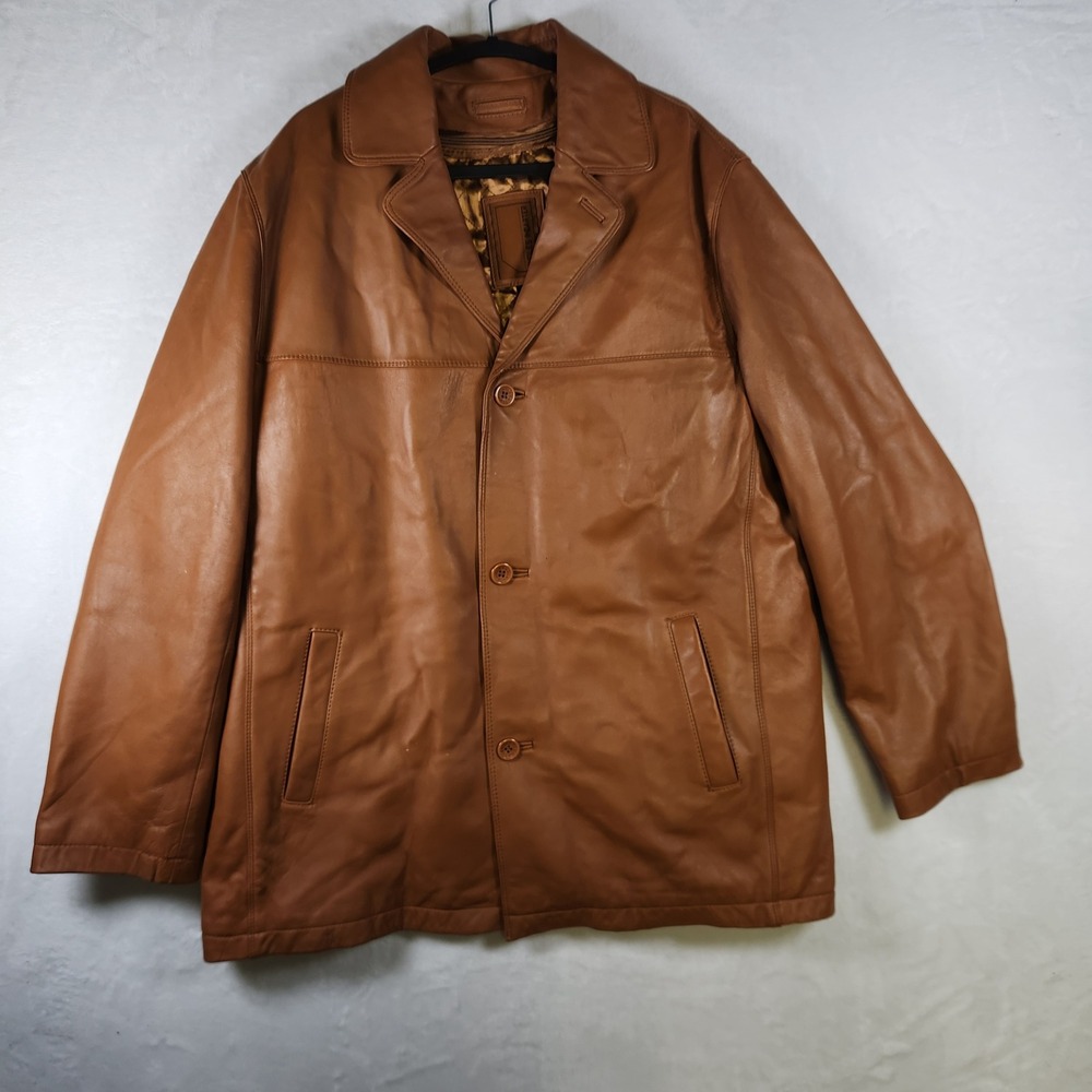 Mens XL Knoles &‎ Carter Brown Faux Leather Jacket Button Front Quilted Lined